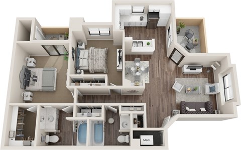 Floor plan for 2 beds, 2 baths, 978 sqft